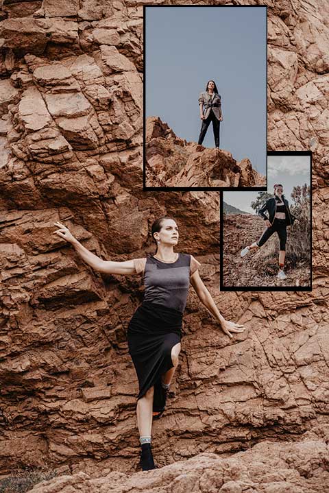 fashion photographie campagne hivers mannequin femme urbaine posant entre les rochers sauvages de la côte d'azur